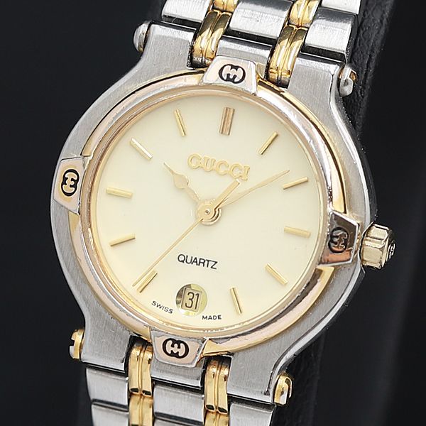 1円 稼働 QZ 良品 グッチ 9000L 黄色文字盤 デイト NBY レディース腕時計 KRK 3345000