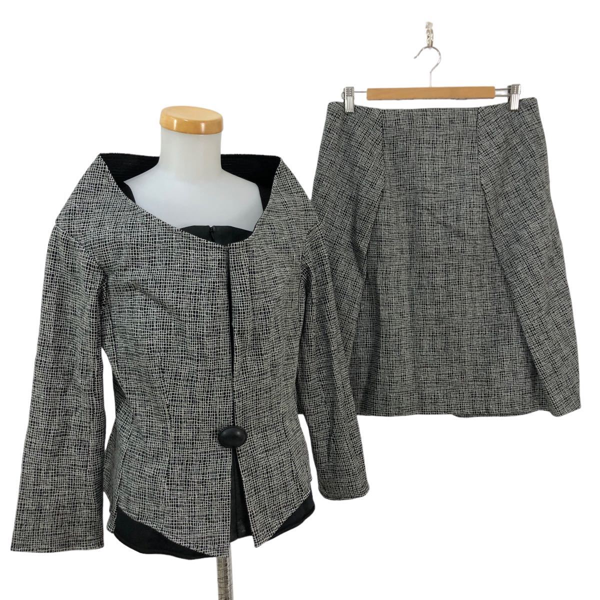 B318-30 大きいサイズ HIROKO KOSHINO ヒロココシノ スカートスーツ セットアップ ジャケット デザイン スカート ブラック系 42 日本製