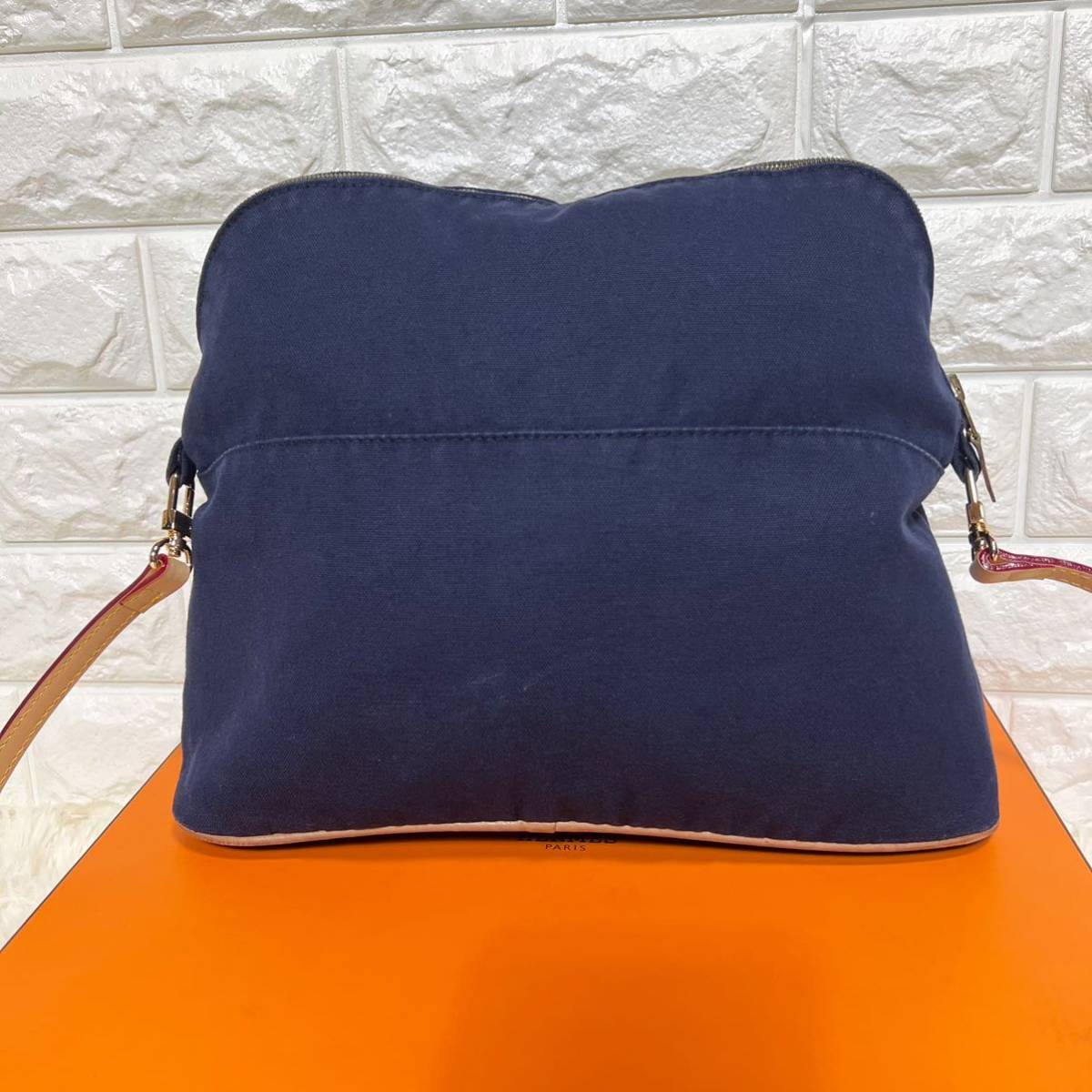 美品 HERMES エルメス ボリードGM35 2way ショルダーバッグ ポーチ バニティ H刺繍ロゴ ネイビー 紺 本革 コットンキャンバス 廃盤 希少