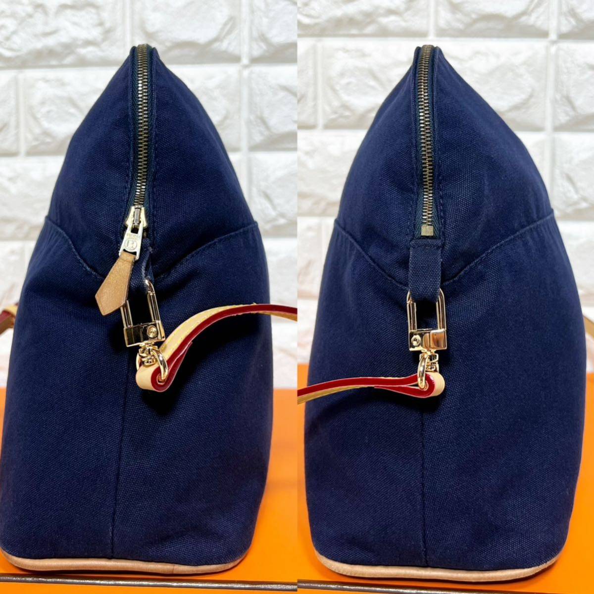 美品 HERMES エルメス ボリードGM35 2way ショルダーバッグ ポーチ バニティ H刺繍ロゴ ネイビー 紺 本革 コットンキャンバス 廃盤 希少