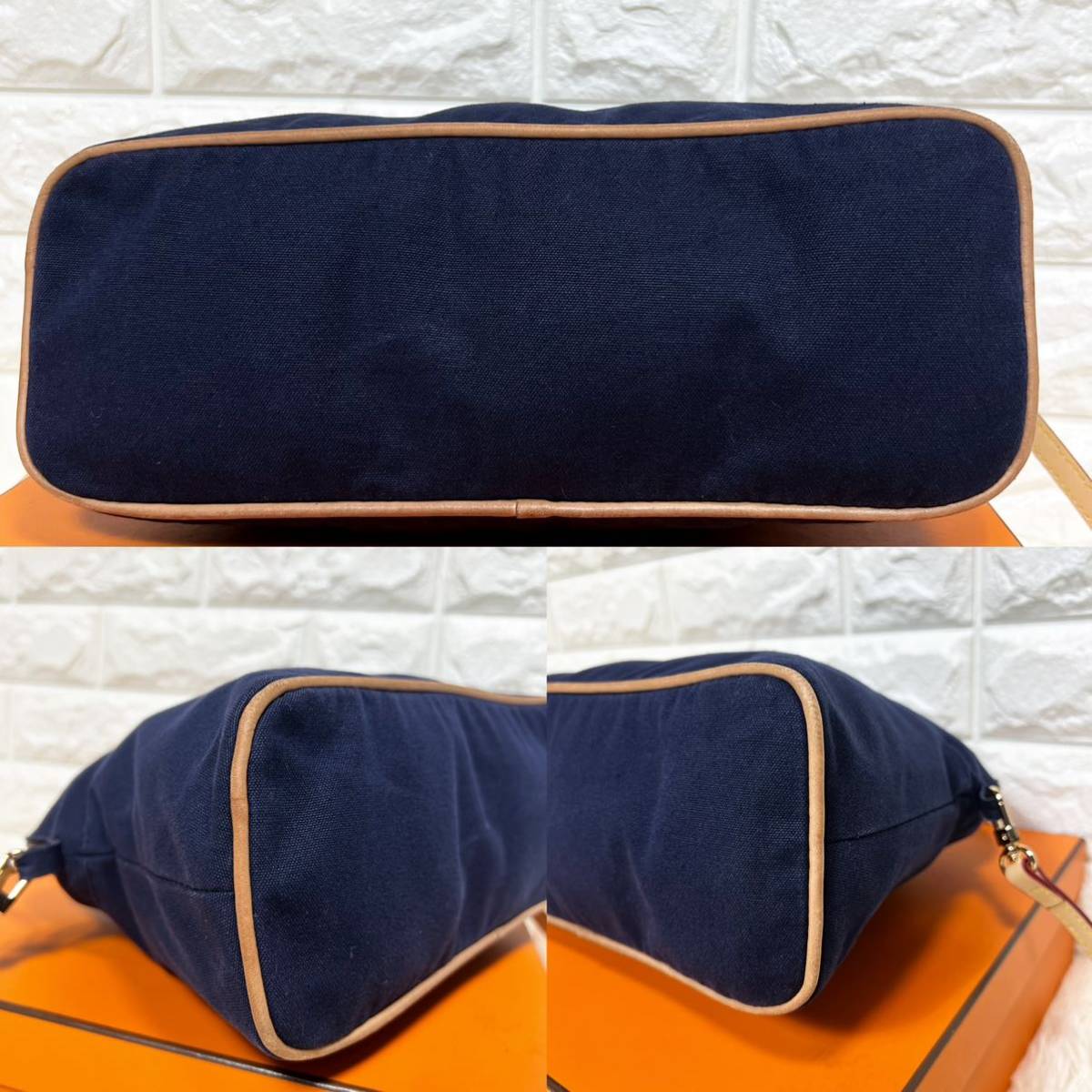 美品 HERMES エルメス ボリードGM35 2way ショルダーバッグ ポーチ バニティ H刺繍ロゴ ネイビー 紺 本革 コットンキャンバス 廃盤 希少