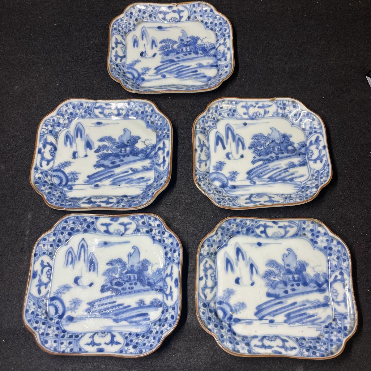 骨董品 古伊万里 40.5cm染付大皿 ベロ藍 山水画 花鳥文 江戸後期
