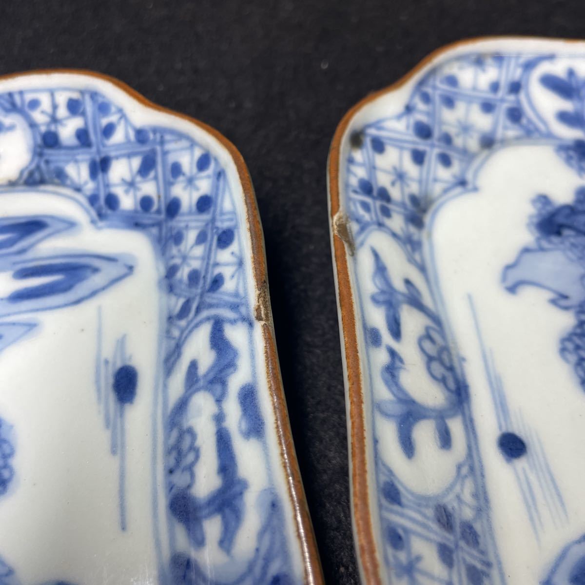 骨董品 古伊万里 40.5cm染付大皿 ベロ藍 山水画 花鳥文 江戸後期