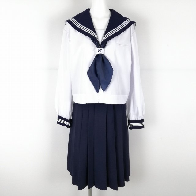 1円 セーラー服 スカート スカーフ 上下3点セット 大きいサイズ 特大 中間服 白3本線 女子 学生服 中学 高校 白 制服 中古 ランクC EY7958