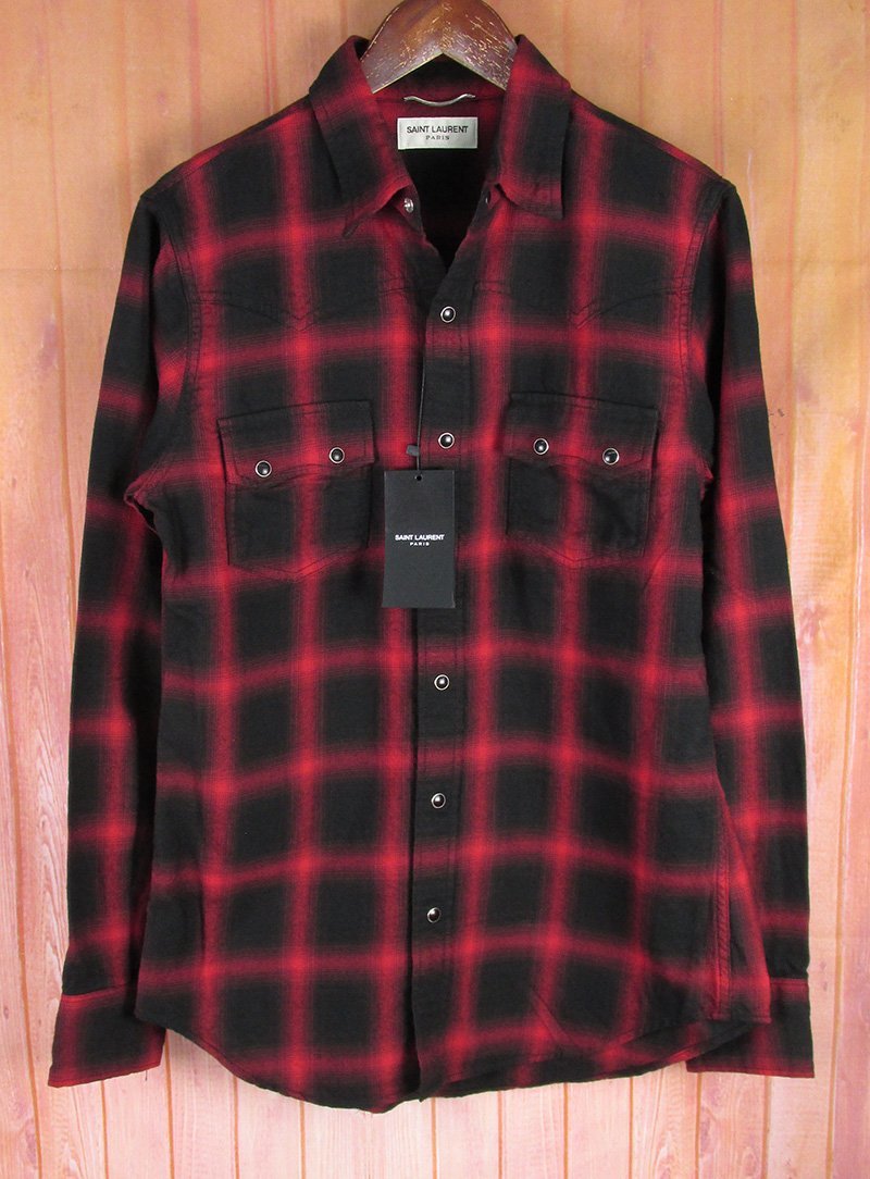 LFS7990 SAINT LAURENT サンローラン 2015AW ネル チェック ウエスタンシャツ S レッド 未使用