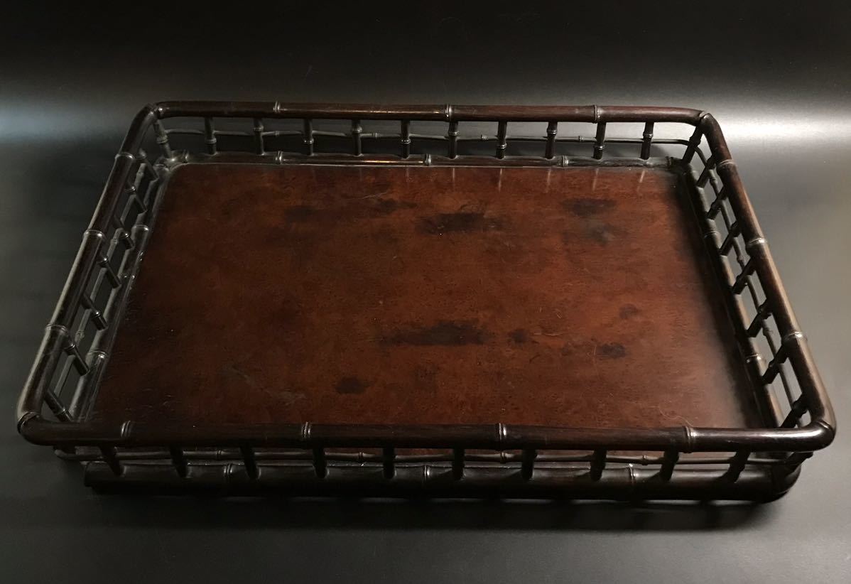 茶道具 唐木 時代物 KY560 明治–大正時代 竹彫山水図煎茶盆（1868
