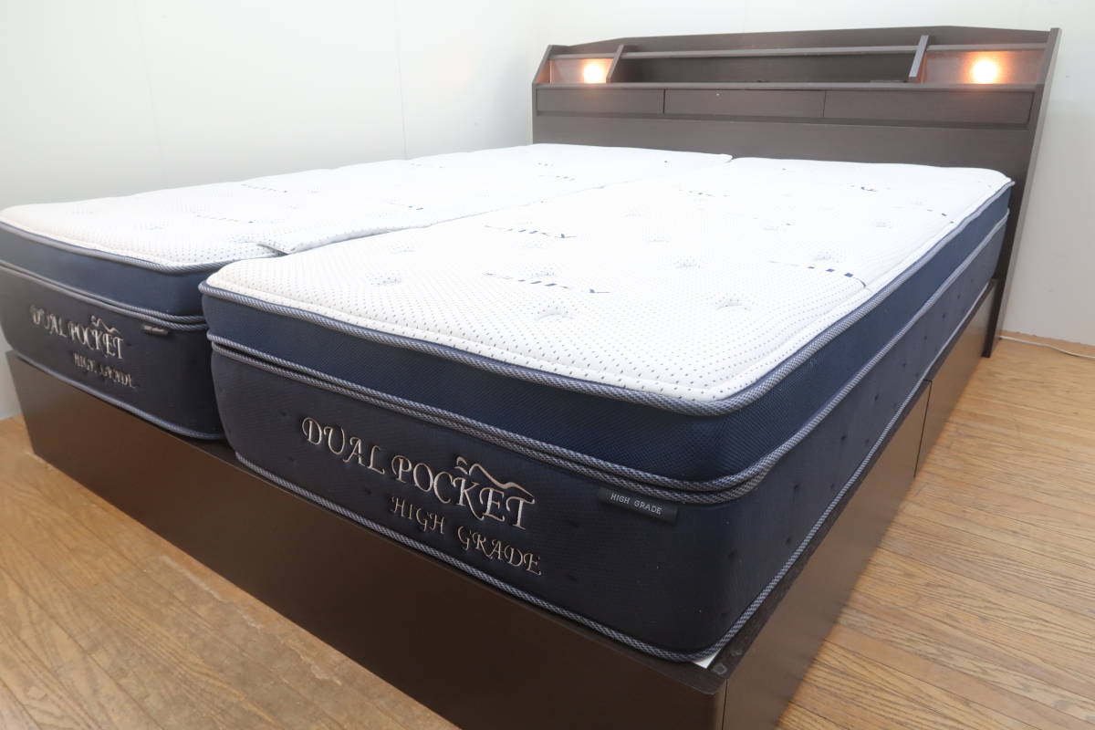 展示/ニトリ/デュアルポケット・ハイグレード/宮・照明/引き出し付/高級モダン/クイーンベッド