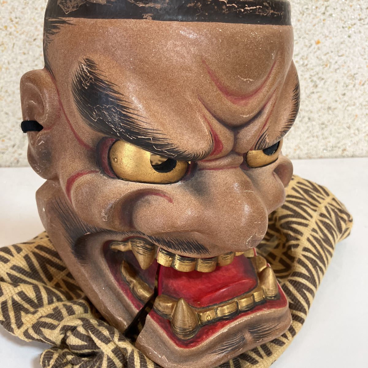 能面・大獅子】『鬼神面』道山 面袋 お面 神楽面 木彫 壁飾り 祭 能