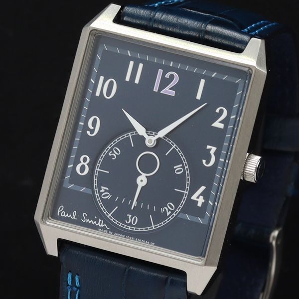 1円 稼働 美品 箱付 ポールスミス QZ 1045-S122325 スモセコ スクエア ブルー文字盤 メンズ腕時計 NBY 4286000YSD