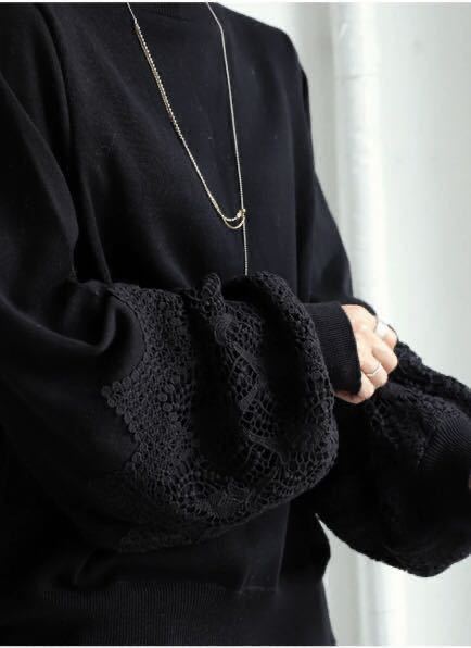 【新品タグ付き】アンティカ antiqua 袖レースニット 完売品！着心地抜群コットンニット【ブラック】