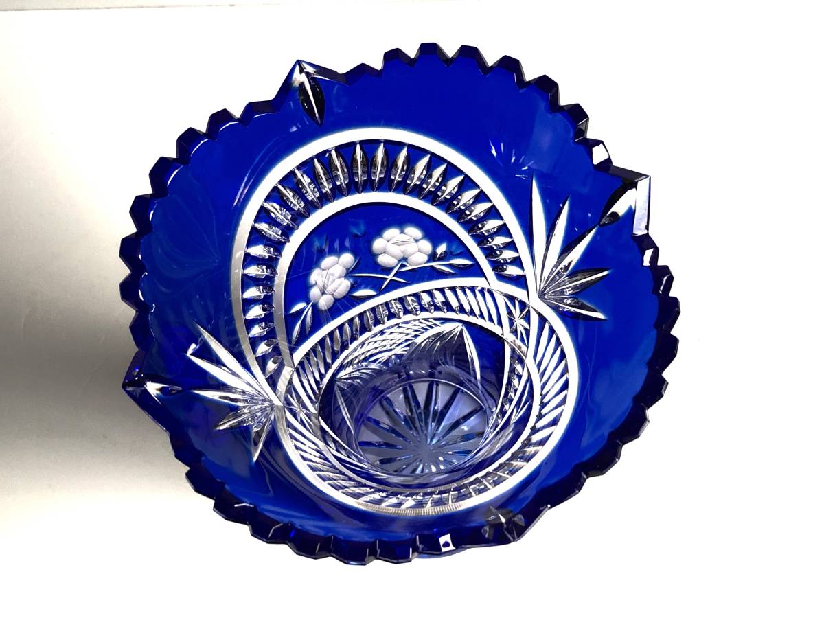 ESV034 ボヘミア 青被せ切子 花瓶 高さ約25cm 口径約16cm 重量約1659g