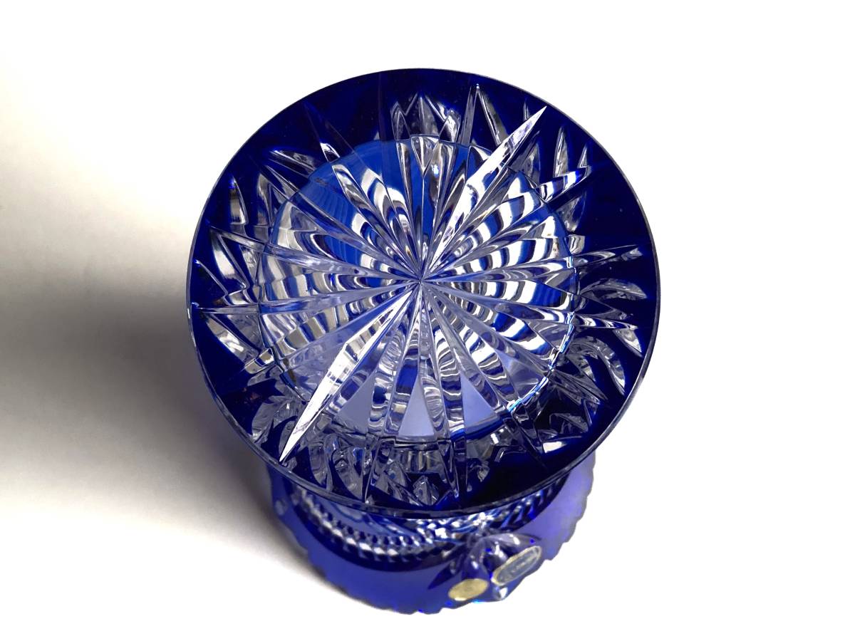 ESV034 ボヘミア 青被せ切子 花瓶 高さ約25cm 口径約16cm 重量約1659g