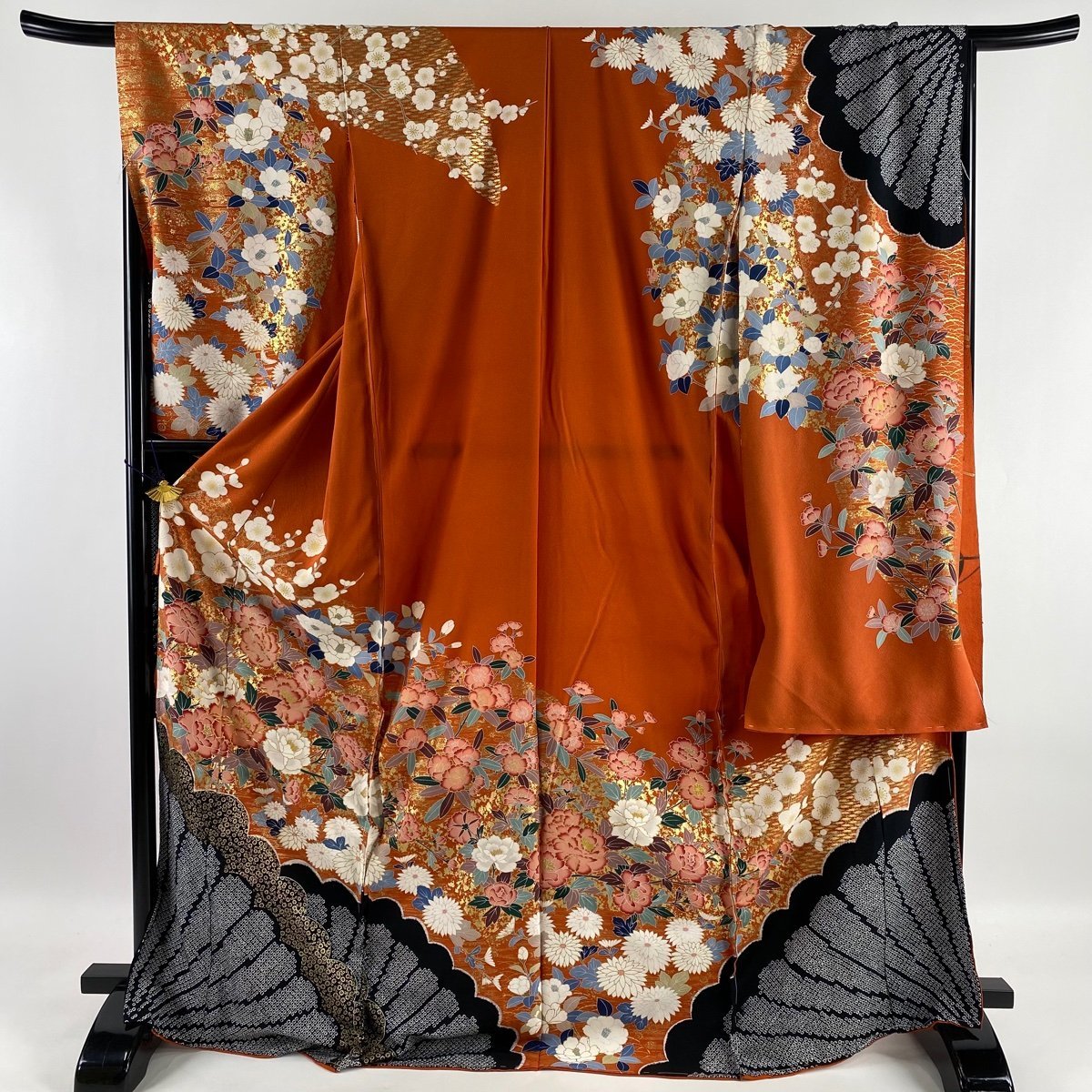 振袖 名品 仮絵羽 牡丹 枝梅 金糸 絞り オレンジ 身丈174.5cm 裄丈68.5