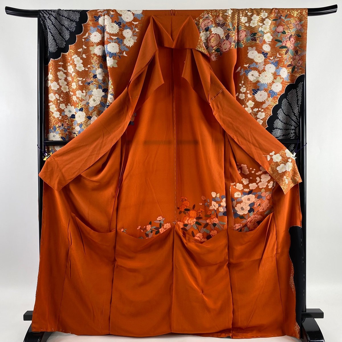 振袖 名品 仮絵羽 牡丹 枝梅 金糸 絞り オレンジ 身丈174.5cm 裄丈68.5