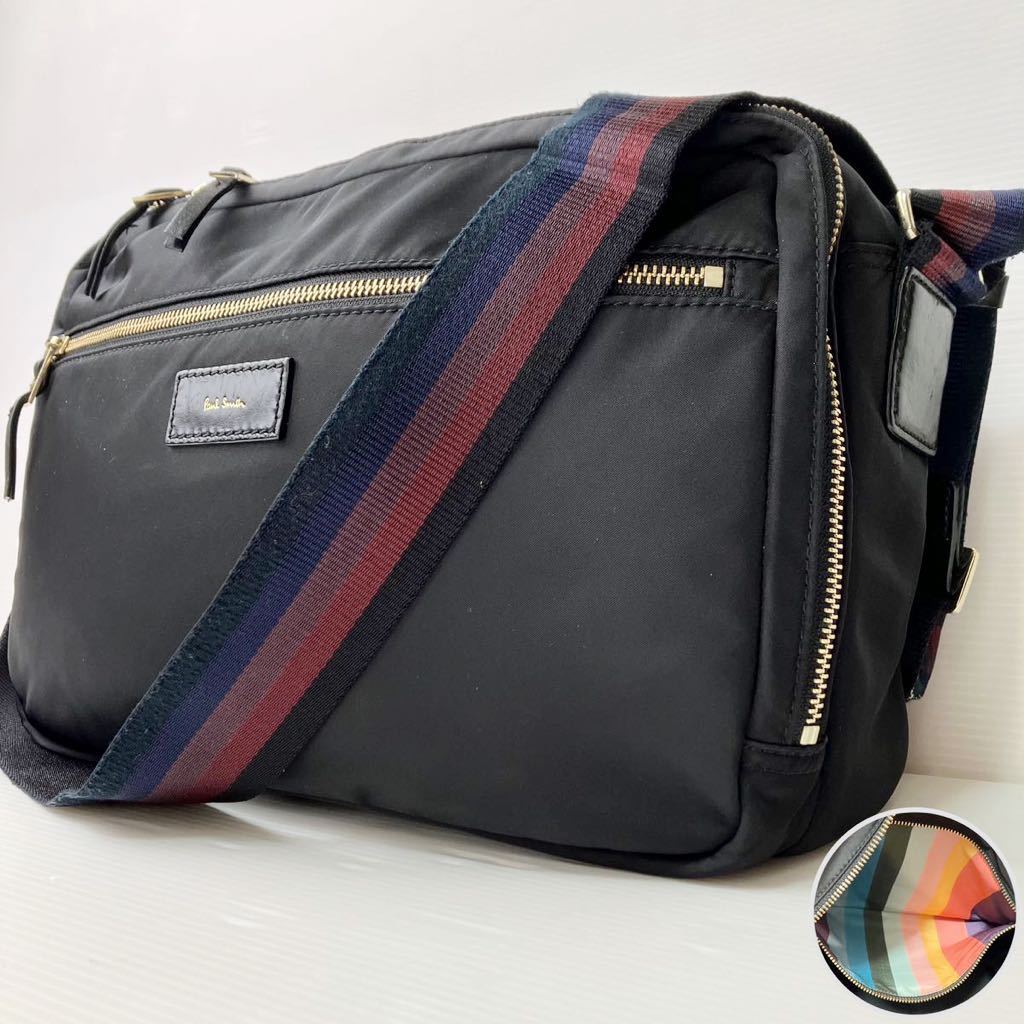 美品 ポールスミス ショルダーバッグ マルチストライプ ナイロン×レザー 黒 極美品！ポールスミス ショルダーバッグ Paul Smith ナイロン レザー