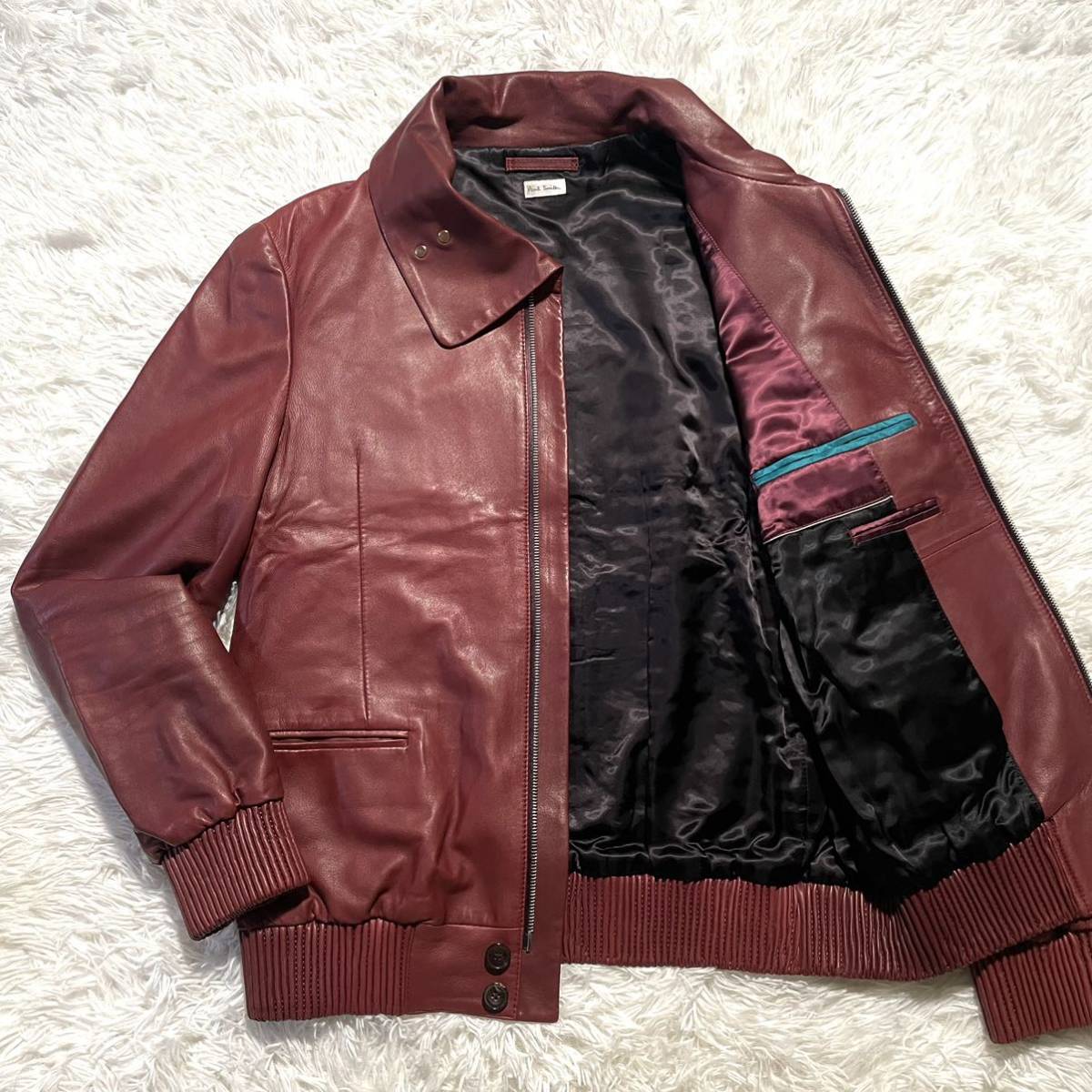 美品 ポールスミス レザーシングルジャケット ライダース ワインレッド 希少L!! ポールスミス 《入手困難品》極美品◎ Paul Smith