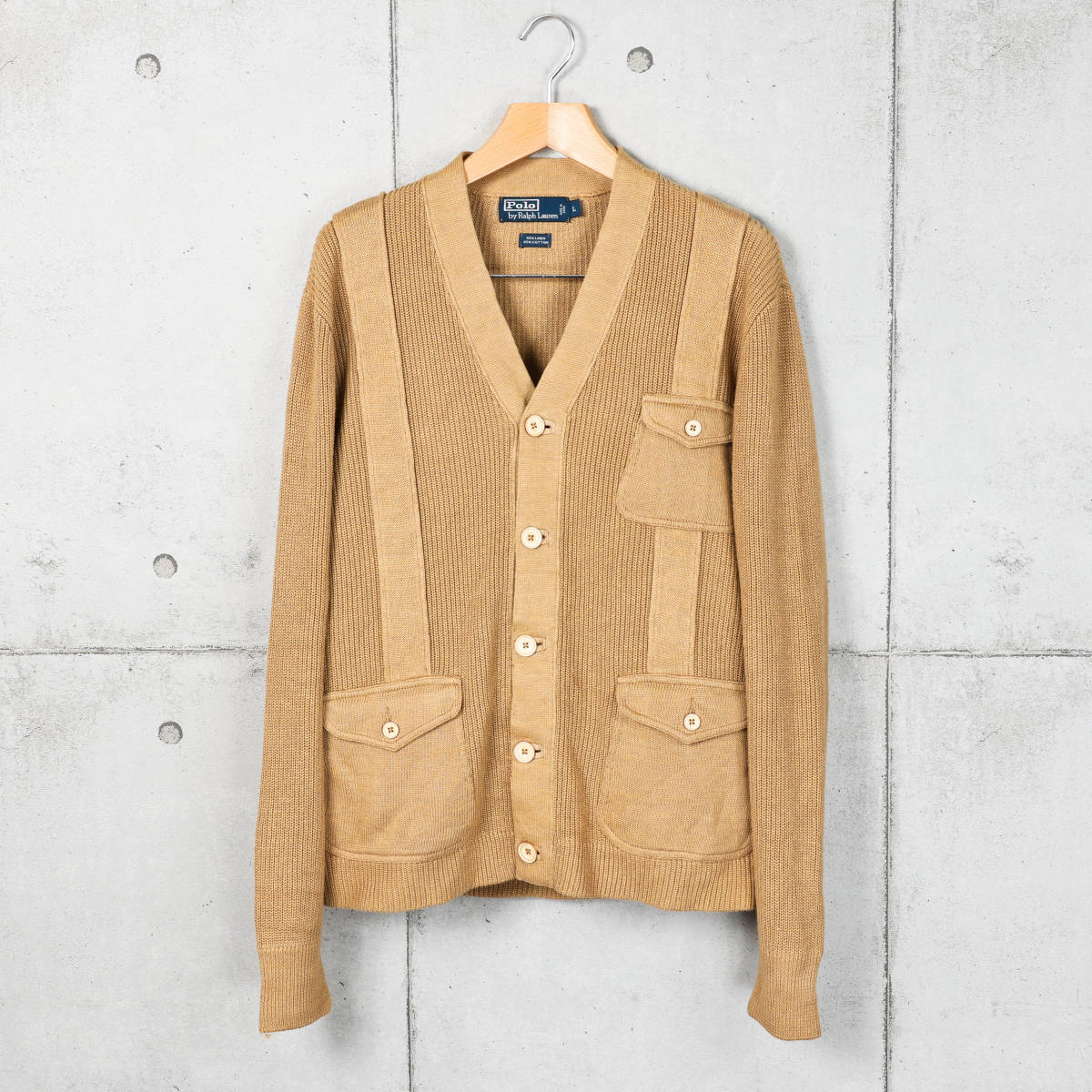 Poloラルフローレン◆コットン×リネン素材 カーディガン◆カーキ◆サイズL