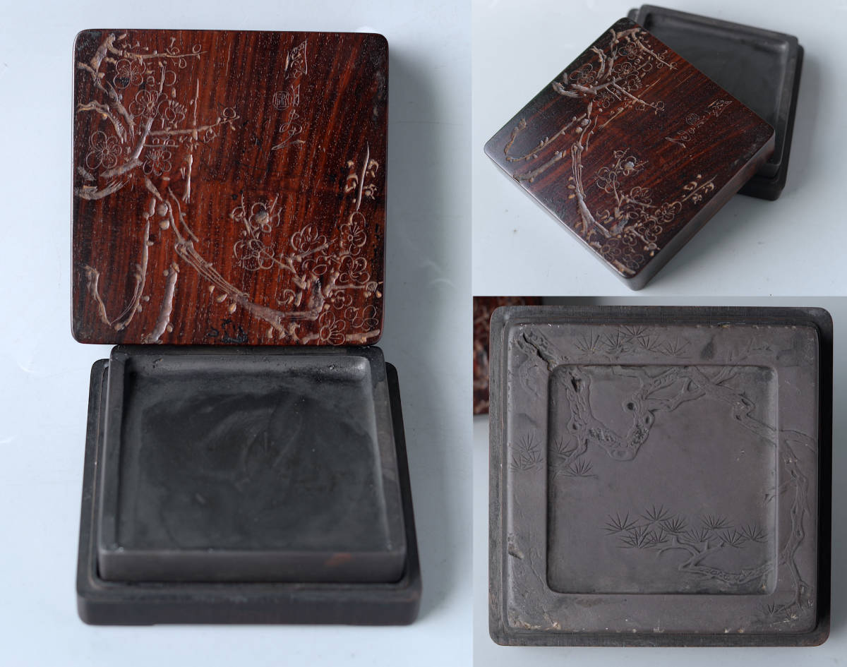 端渓硯 中国古玩 一技春硯 本物美品 書道家所蔵本唐木箱付