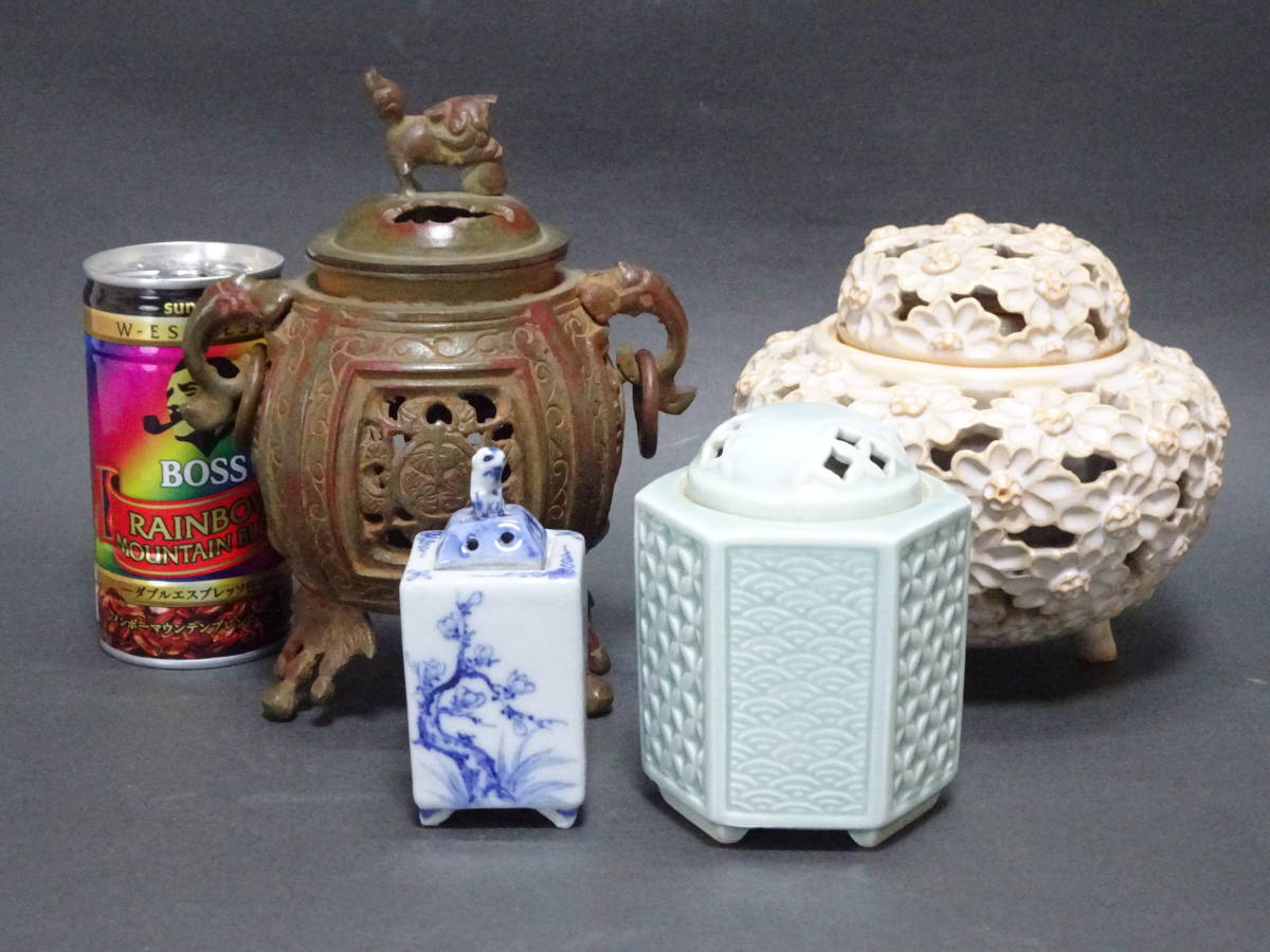 ☆★up◇中国古玩 双耳香炉 大明宣徳 古銅製 三足香炉ほか 四点まとめて 福 龍泉 古美術