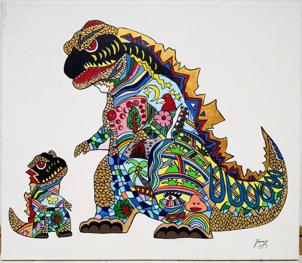 F10号】ジミー大西【Godzilla(ゴジラ)】手描き大型作品/肉筆/サイン