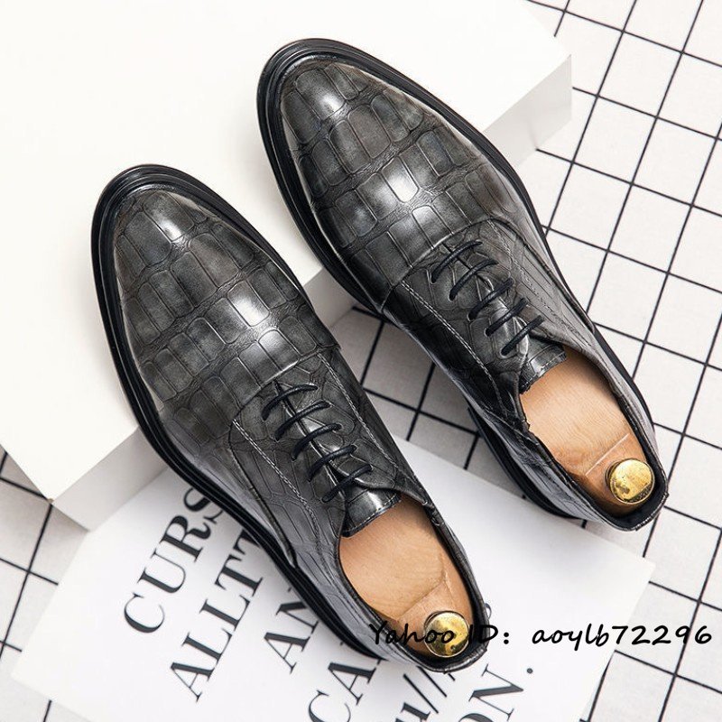 限定セール ビジネスシューズ 新品 メンズ 職人手作り 鰐柄 本革レザーシューズ 最高級 革靴 紳士靴 皮靴 トップレイヤー グレー系 26.5cm