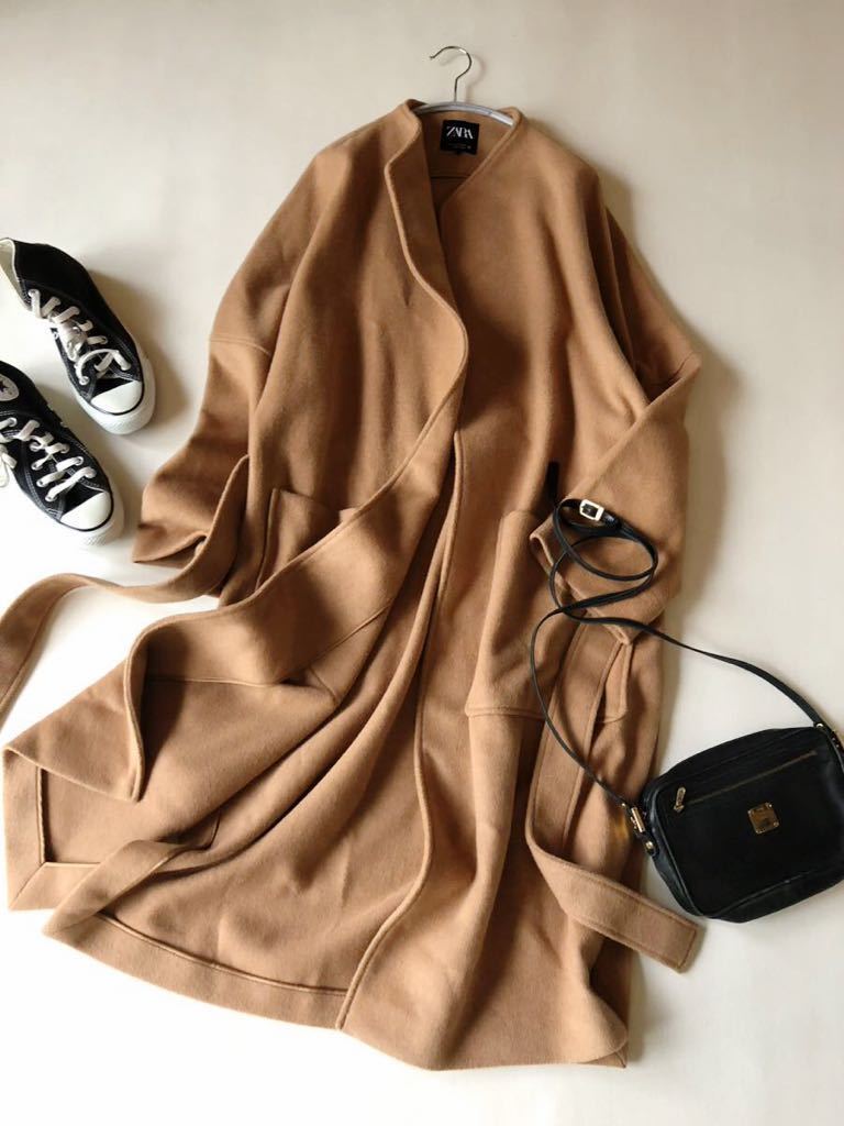 ザラ ZARA ラムウールブレンド大人可愛いゆったりノーカラーウエストリボン羽織りガウンリバーコート♪