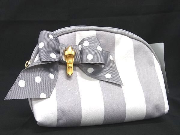 ■美品■ ChristianDior ディオール キャンバス リボン ストライプ 化粧ポーチ マルチケース 小物入れ グレー系×ホワイト系 DD3488