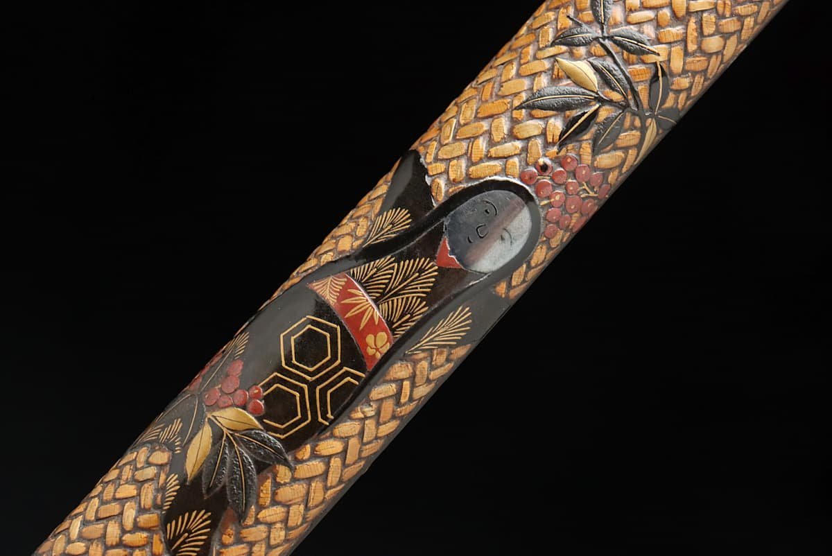 EO643 【慶眞 銘(慶真)】時代 網代編 小芥子に南天高蒔絵 煙管筒 全長