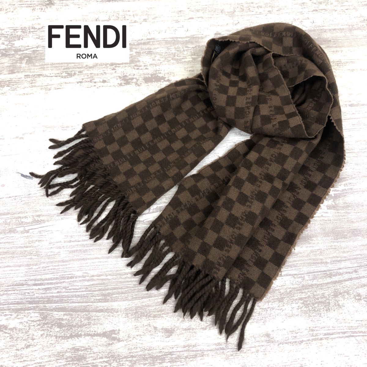 N1133-W◇FENDI フェンディ マフラー ブロックチェック ラグジュアリー