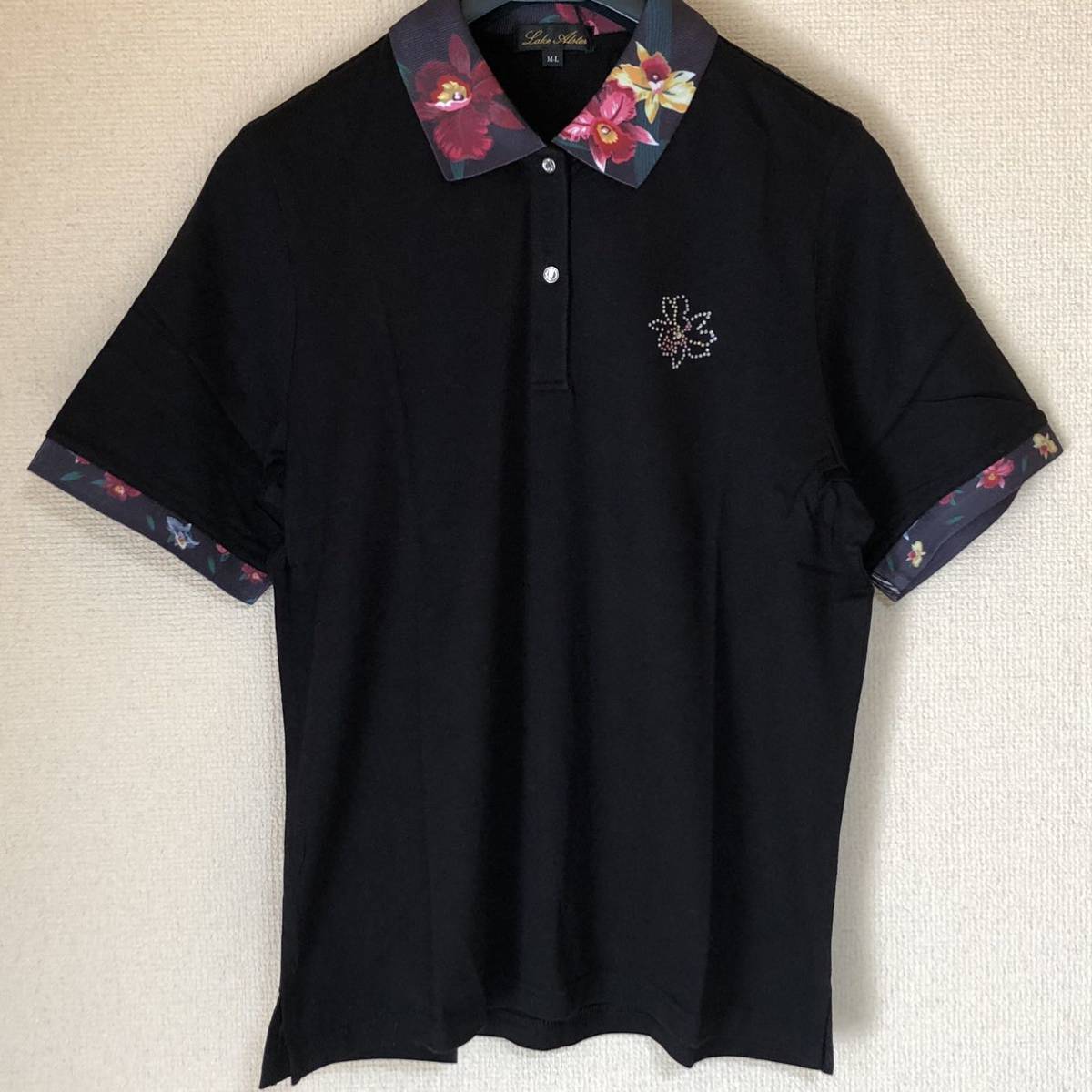 ☆未使用保管品　レイクアルスター　レディース　半袖　ポロシャツ　サイズM〜L 黒×花柄 襟と袖 (カトレア)