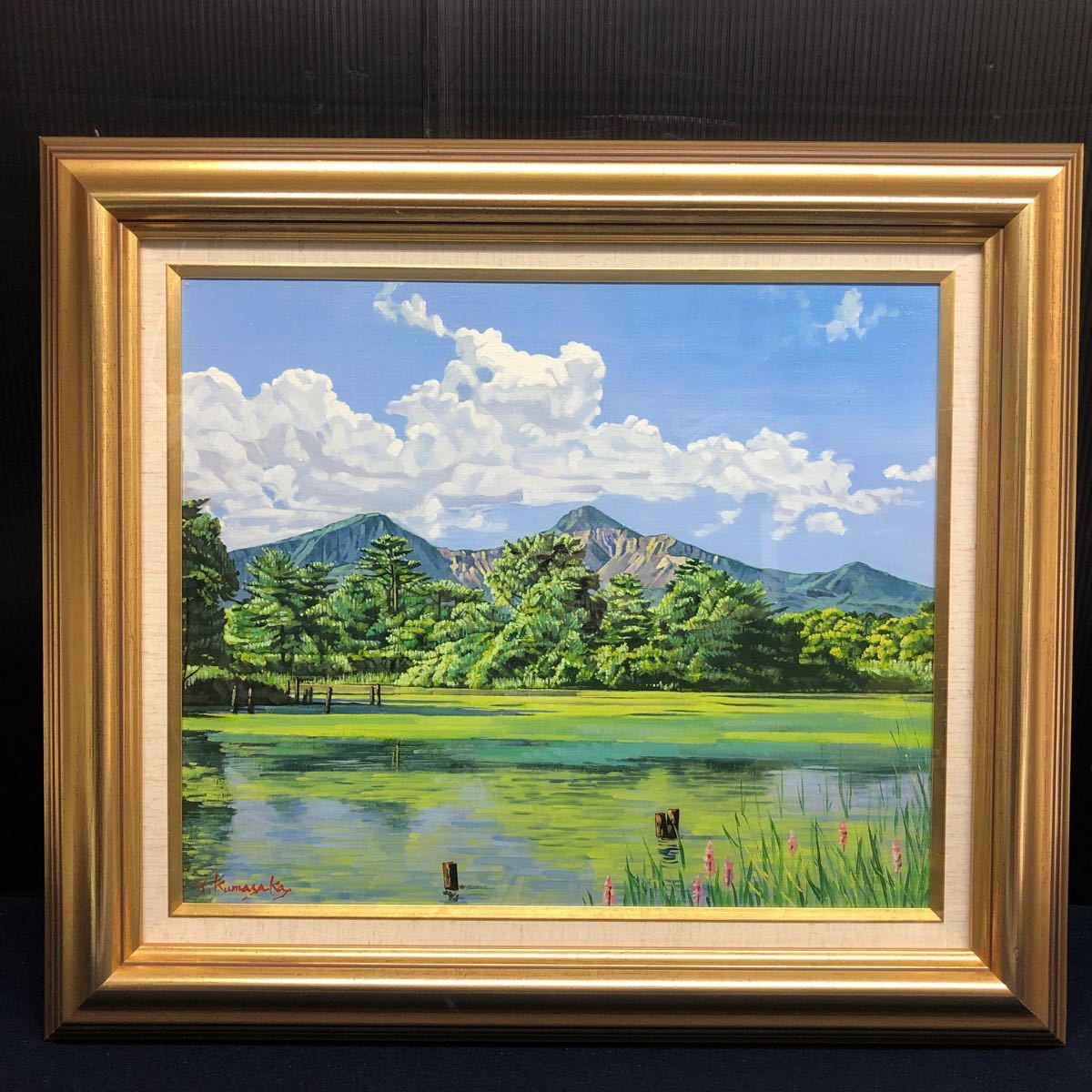 9 熊坂行夫 y.Kumasaka 「レンゲ沼初夏」F8 油彩画 油絵 風景画 山 雲