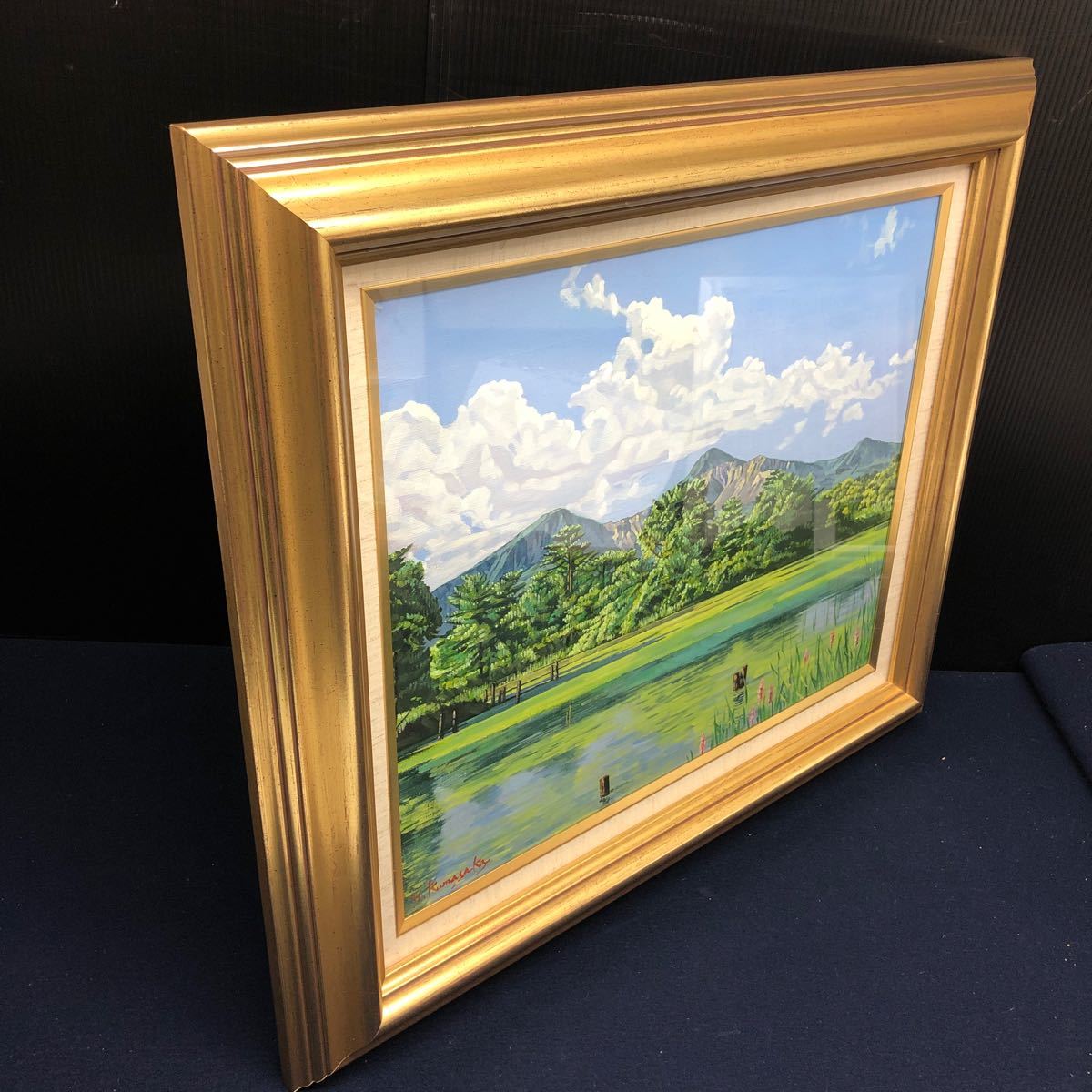 絵画　油絵　原画　木のある風景　風景画　Ｆ8サイズ　Ｓ.I 9 熊坂行夫 y.Kumasaka 「レンゲ沼初夏」F8 油彩画 油絵 風景画 山 雲
