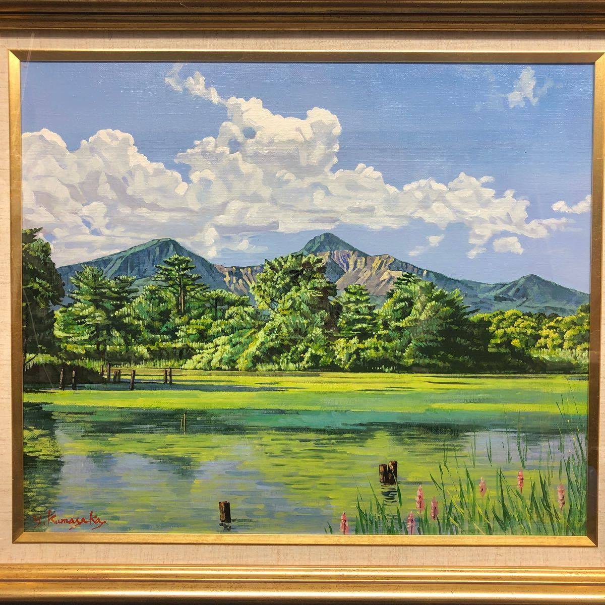 9 熊坂行夫 y.Kumasaka 「レンゲ沼初夏」F8 油彩画 油絵 風景画 山 雲