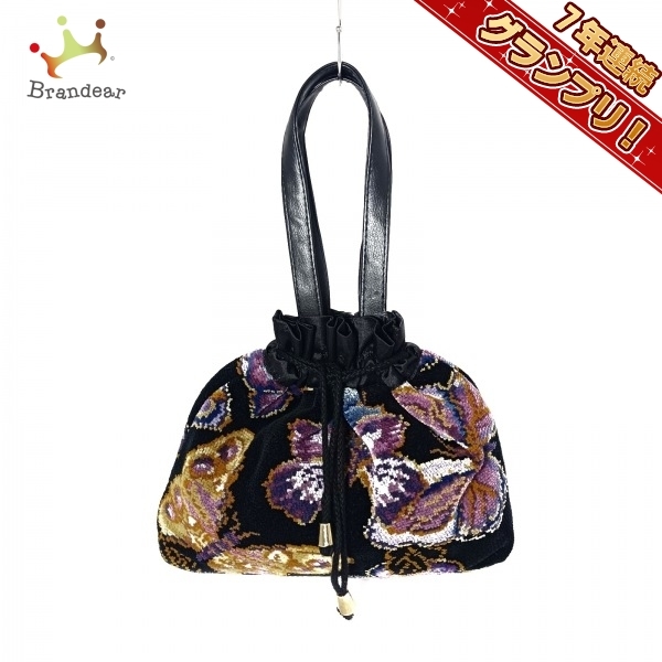 フェイラー FEILER ハンドバッグ - パイル×ナイロン×レザー 黒×パープル×マルチ バタフライ(蝶)/巾着型 バッグ