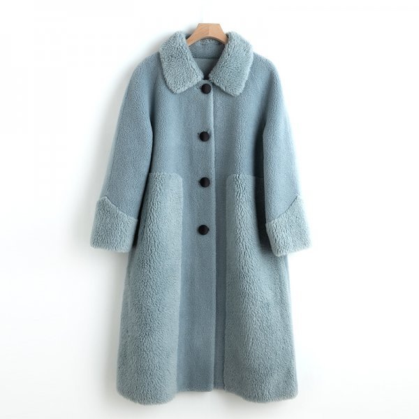 新品暖かいレディースウールコート毛皮ジャケットロングジャケットブルーL