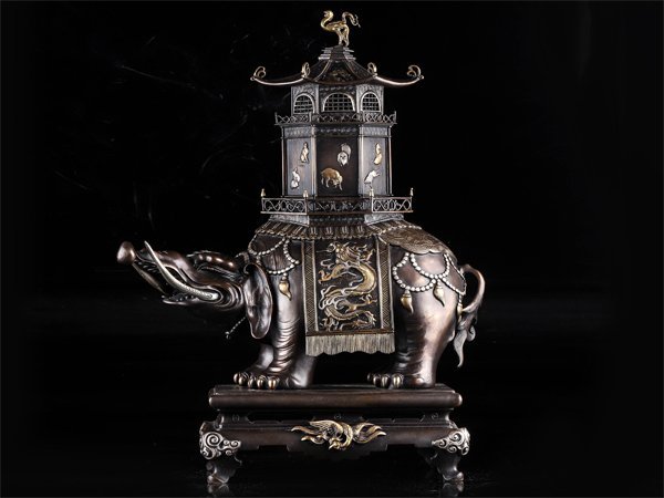 AL5 香保 金工師 香炉 蝋型 高岡銅器 麒麟摘 象足 三足