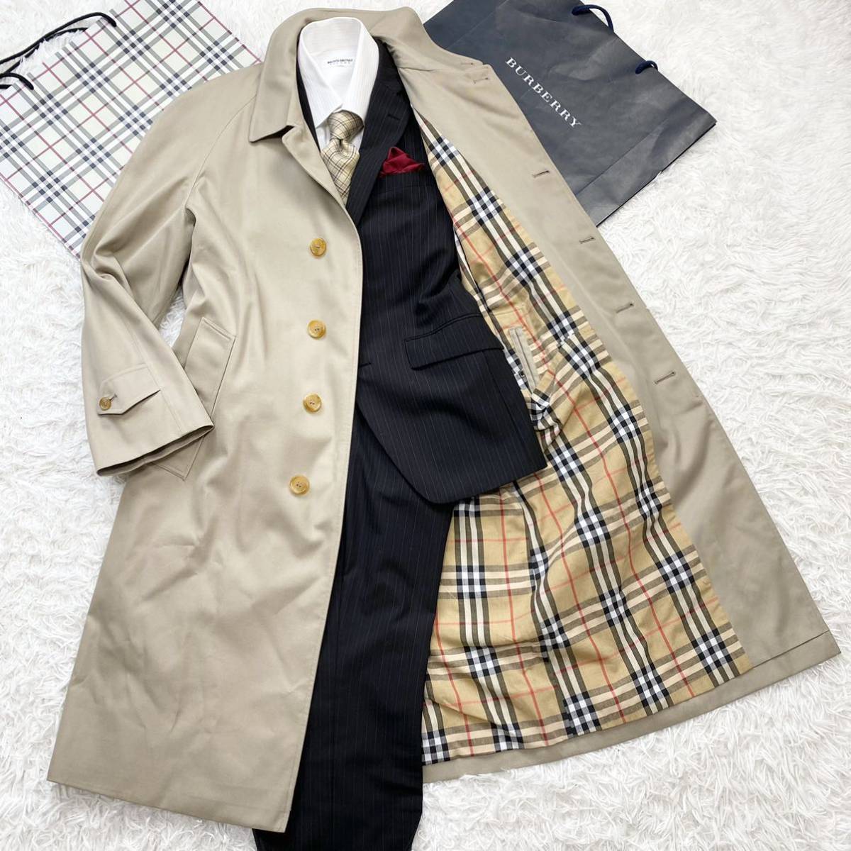 ☆圧巻♪ バーバリーノバチェック【超美品】バーバリー ☆英国製☆ コットンギャバジン ロング丈 ステンカラー コート M ベージュ BURBERRY