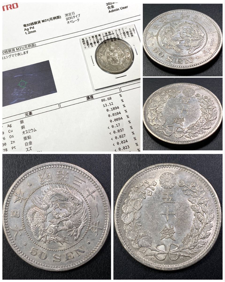 古銭【入手時準未使用品】☆竜50銭銀貨 明治31年☆