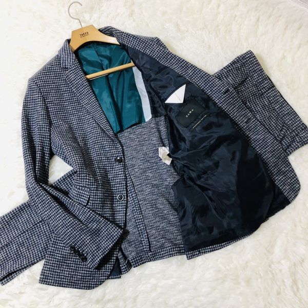 ザラ　ZARA　スーツ　セットアップ　テーラードジャケット　L　ネイビー　チェック　コットン　綿　サイドベンツ　ストレッチ