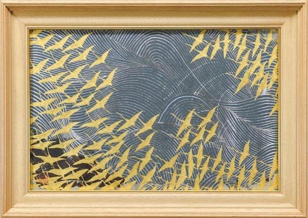 真作】【WISH】加山又造「濤と鶴・壽」木版画 約10号 1991年作 ◇人気