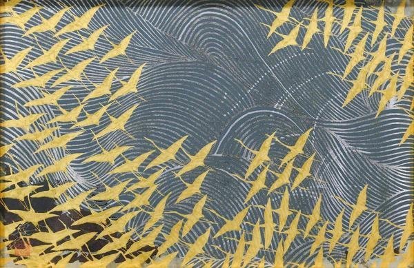真作】【WISH】加山又造「濤と鶴・壽」木版画 約10号 1991年作 ◇人気