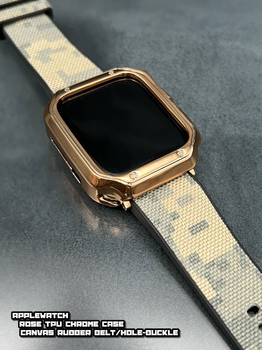 アップルウォッチ TPU ローズクローム ケース キャンバスラバー ベルト 46mm 41mm 45mm 40mm 44mm 38nm 42mm シリーズ9_4