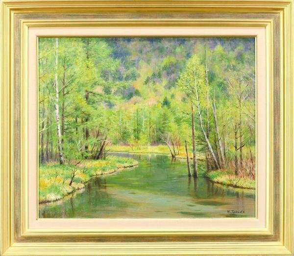 真作】【WISH】徳田宏行「新緑田代池」油彩 8号 ◇緑の水面映える名画