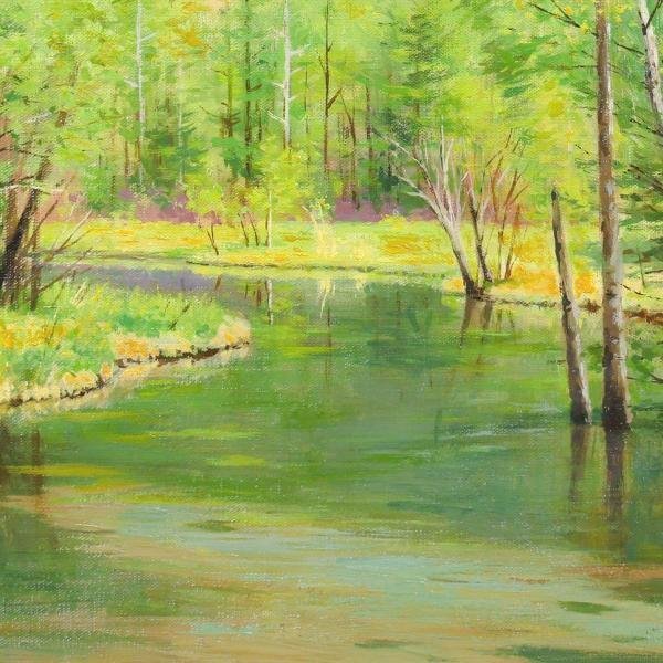 真作】【WISH】徳田宏行「新緑田代池」油彩 8号 ◇緑の水面映える名画