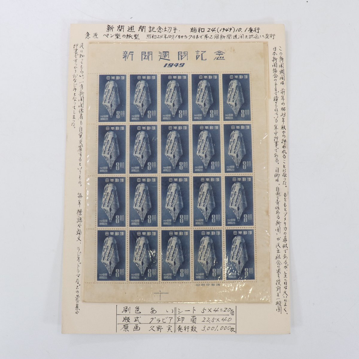 切手24 8173-送料無料 未使用 新聞週間記念 切手 日本郵便 特殊 8円 20面