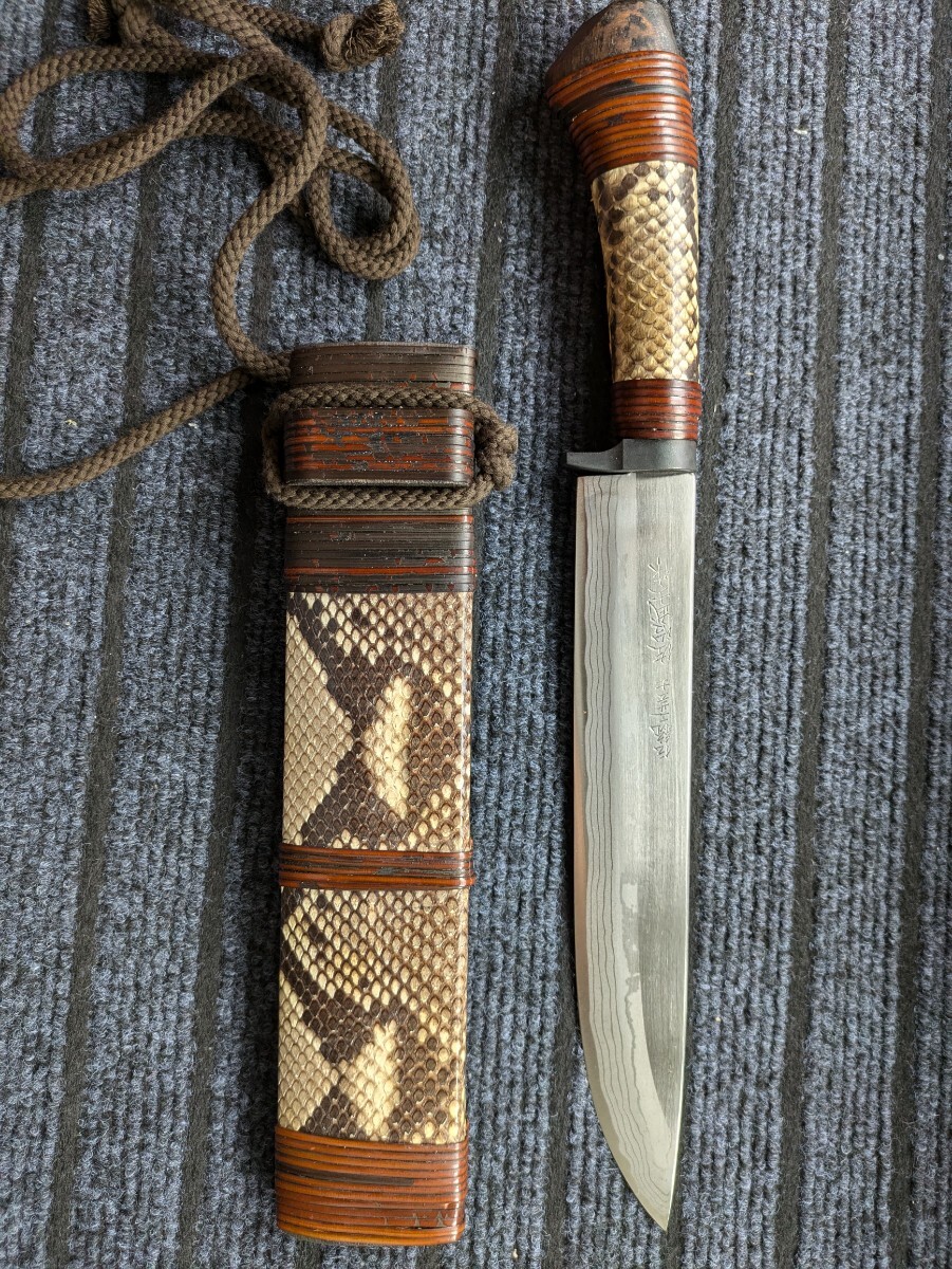 送料込　入手困難　伝統工芸士　佐治武士作　義経240 箱入未使用品　ニシキヘビ　最高級ダマスカス鋼_2