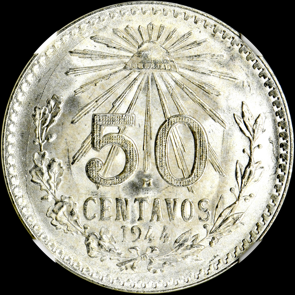 ☆日終 【NGC MS67 高鑑定】1944M メキシコ 50C銀貨 完全未使用 //世界