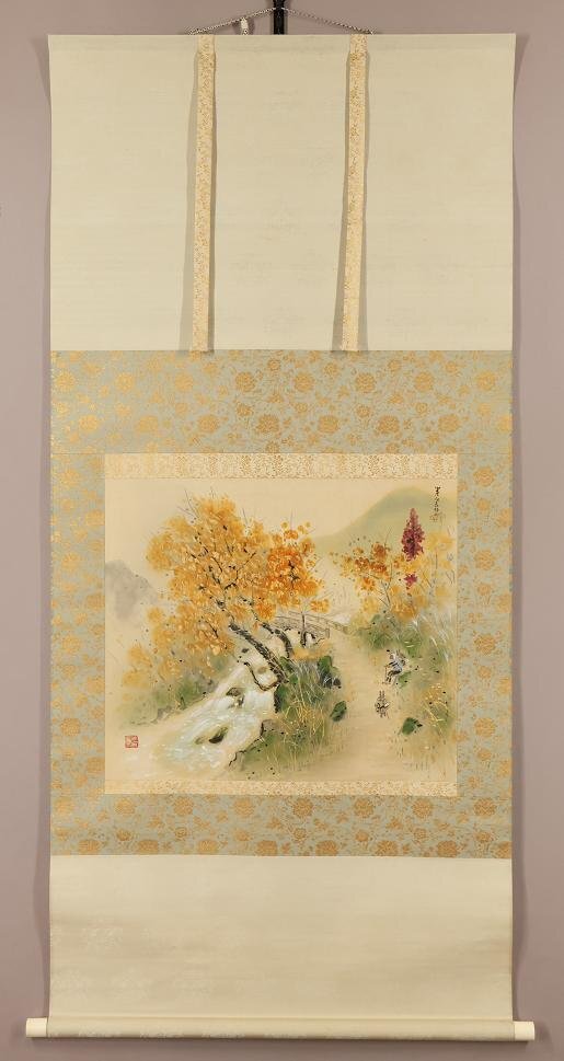 真作】◇田中案山子◇秋山小憩◇紅葉◇共箱◇太巻き◇肉筆◇絹本◇掛軸