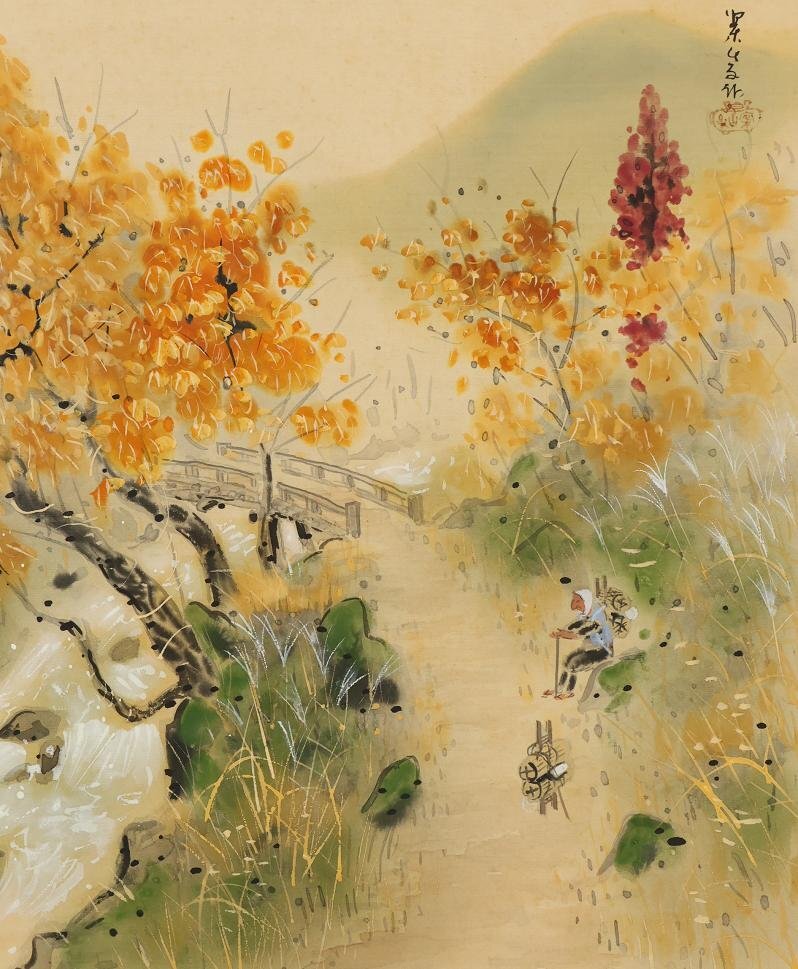 真作】◇田中案山子◇秋山小憩◇紅葉◇共箱◇太巻き◇肉筆◇絹本◇掛軸