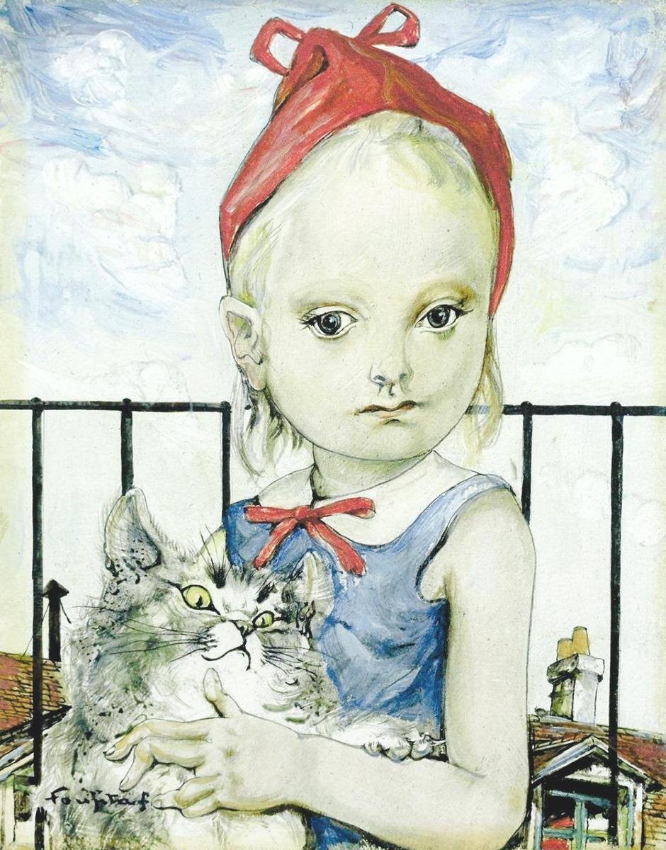 真作】【WISH】藤田嗣治 レオナール・フジタ「Fillette au chat
